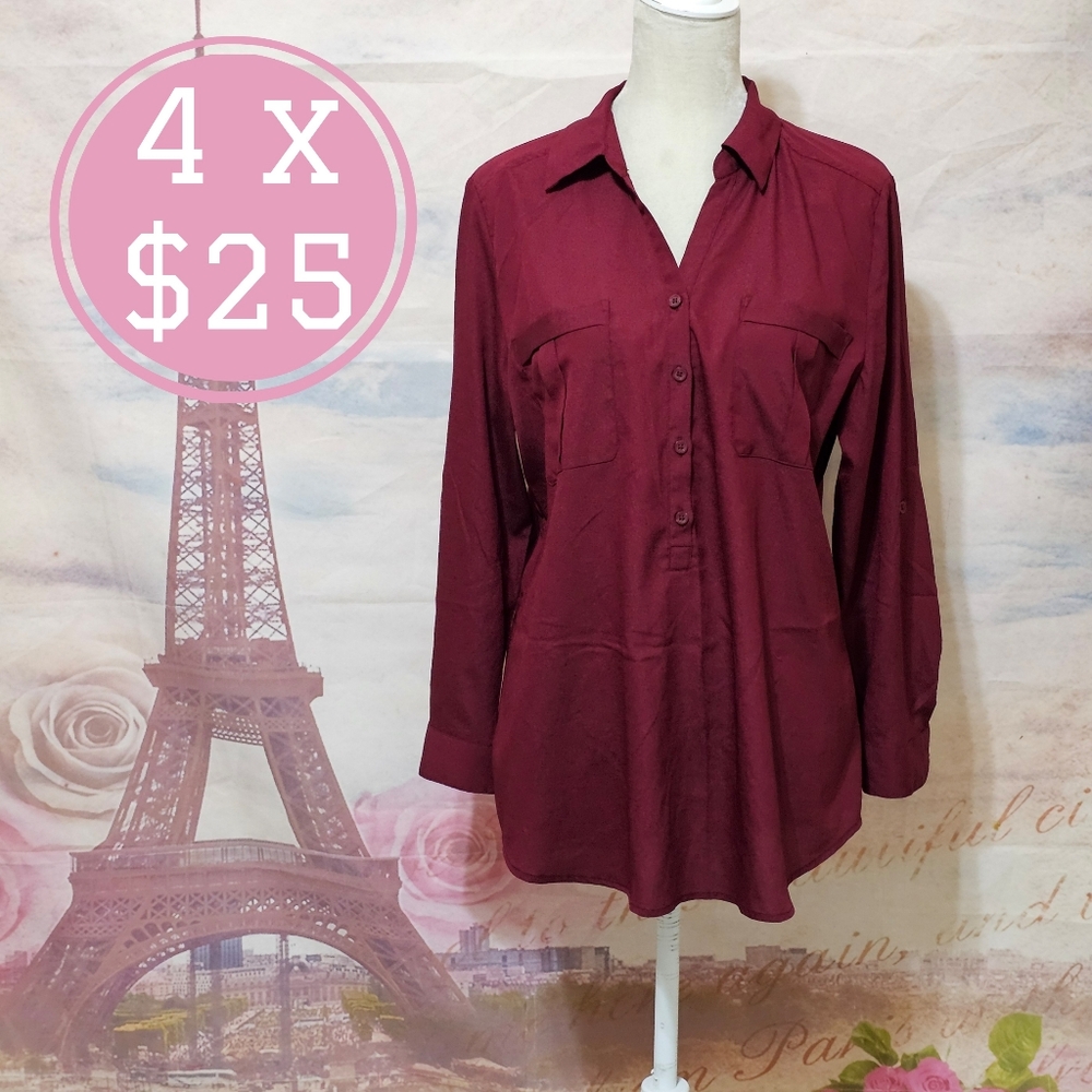 a.n.a Burgundy Red Long Sleeve Button Down Shirt Petite Sz XL